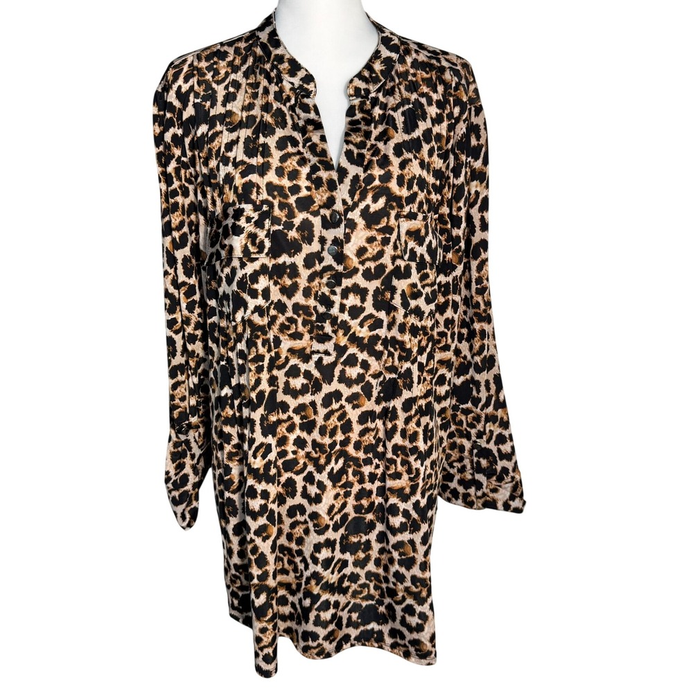 COCOMO Women's 3X Leopard Print Long Sleeve Pull Over Roll Tab Sleeve Tunic Top